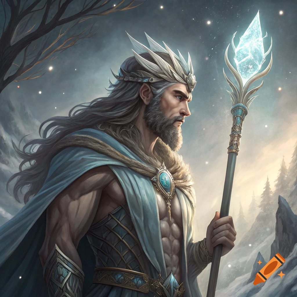 Fantasy god character with beard, long hair, crown, cape, and crystal staff in a snowy landscape.