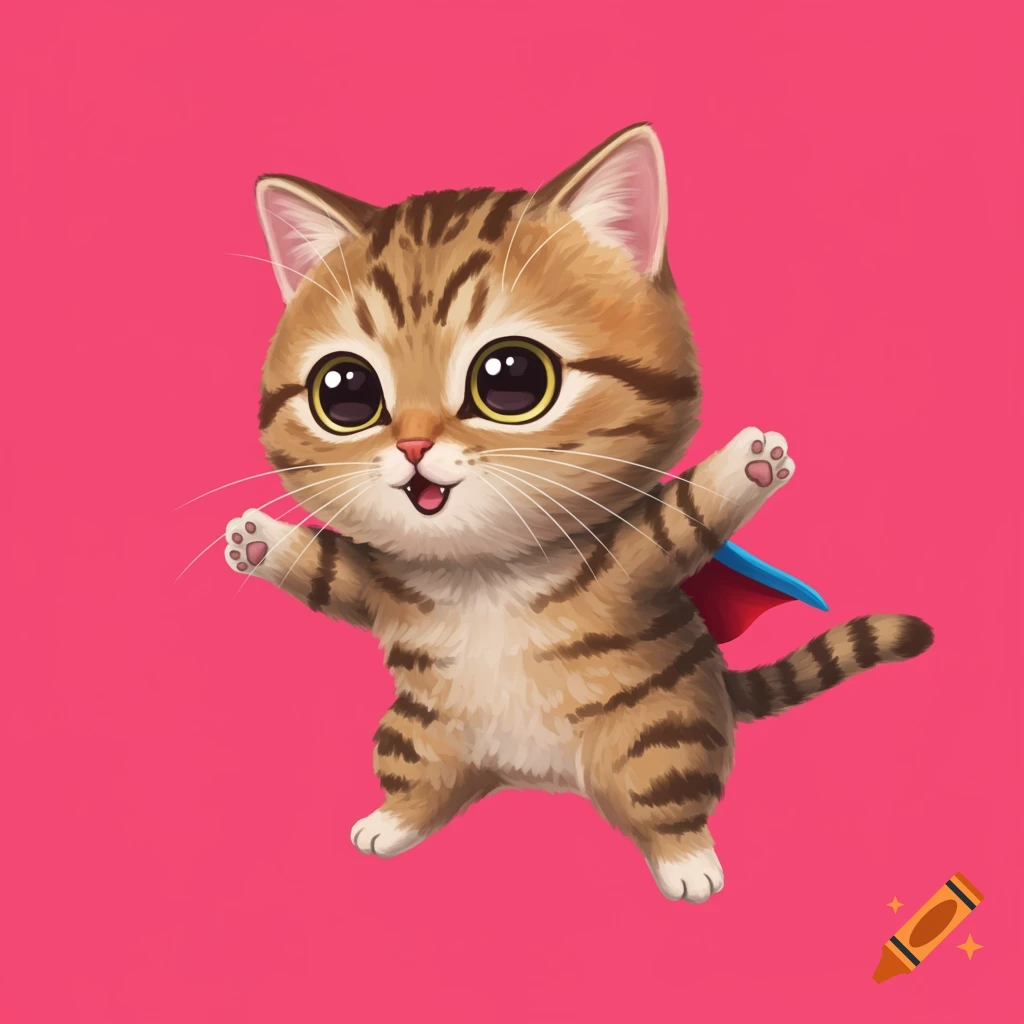 A cute cartoon tabby cat wearing a small blue and red superhero cape, leaping against a bright pink background.