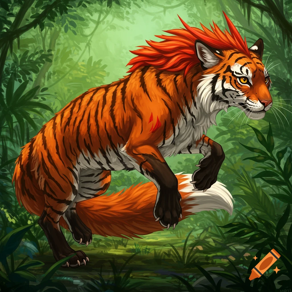 A tiger-fox hybrid with a red mohawk leaps through a jungle.