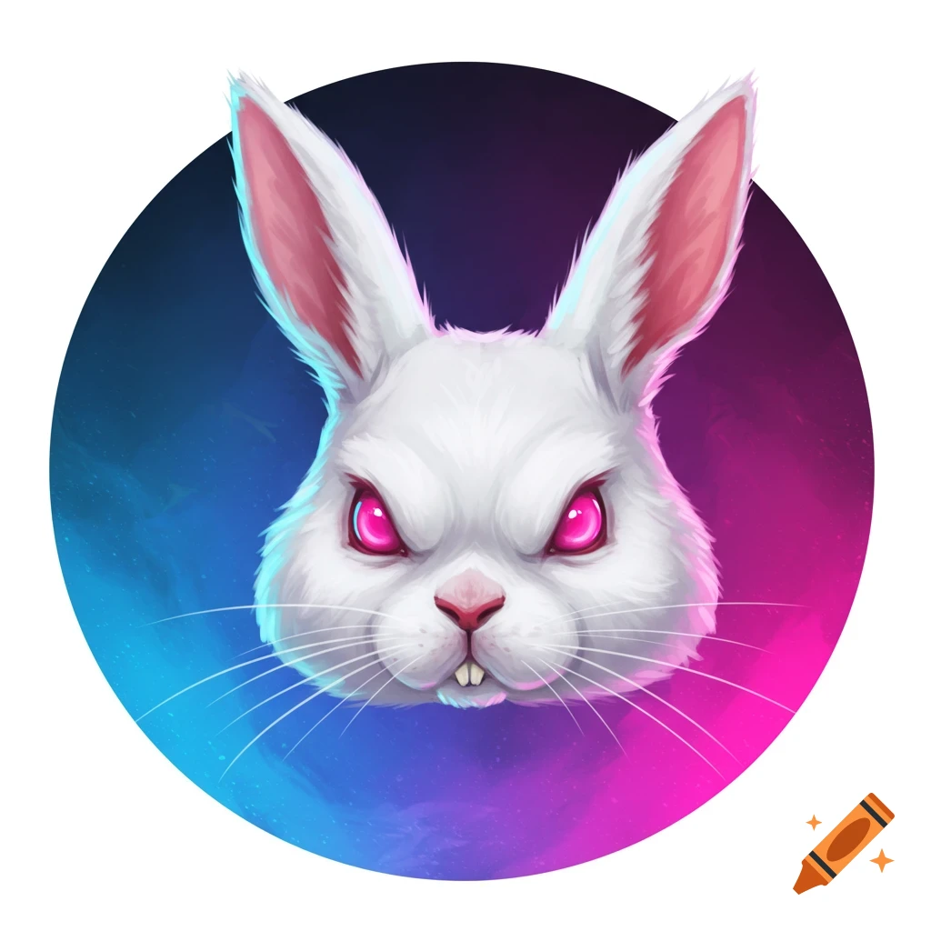 An aggressive white bunny head with pink eyes inside a circle profile picture with a blue, pink, and purple background.