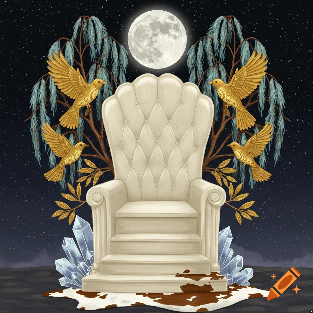 An ivory throne is positioned under a full moon, adorned with golden birds, willow leaves, and crystals. It rests on a cow skin rug.