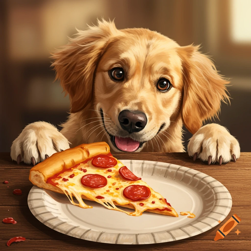 An illustration of a golden retriever reaching for a slice of pepperoni pizza on a plate.