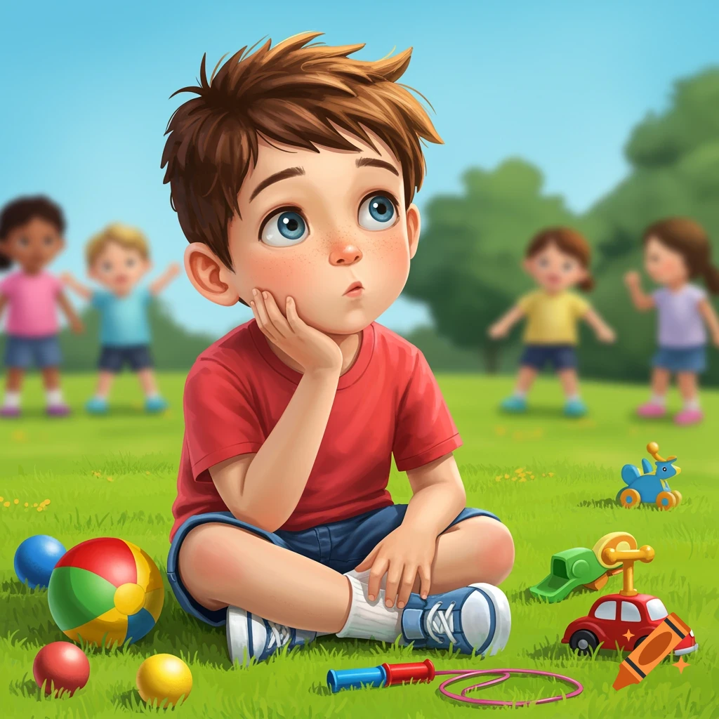 A thoughtful young boy sits on the grass surrounded by toys with other children playing in the background.