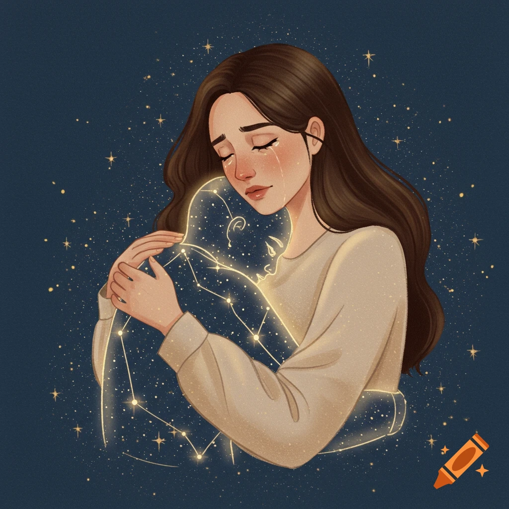 A crying woman hugs a starry, human-shaped outline against a dark blue sky.