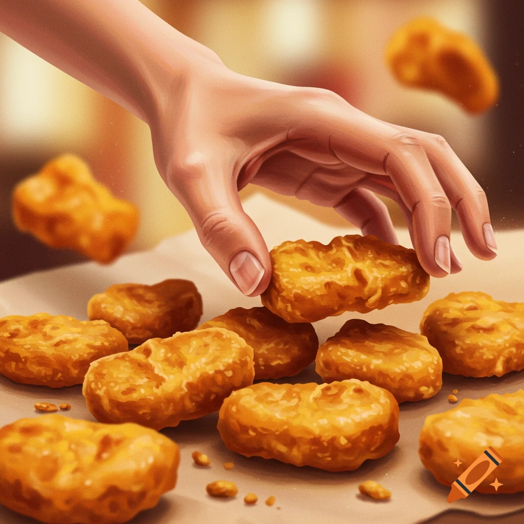 A hand picks up a chicken nugget from a pile.