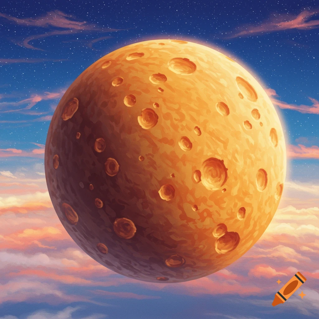 An orange planet resembling cheese floats in a starry sky with clouds.