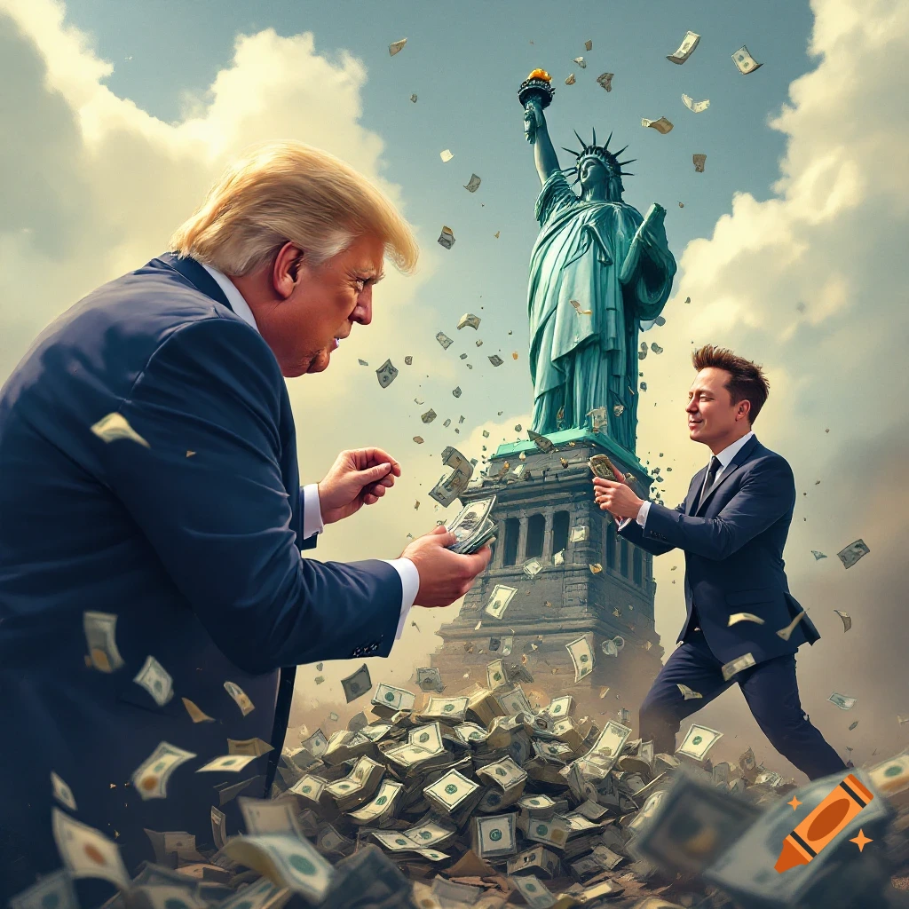 Trump and Elon Musk are near the Statue of Liberty, surrounded by money.