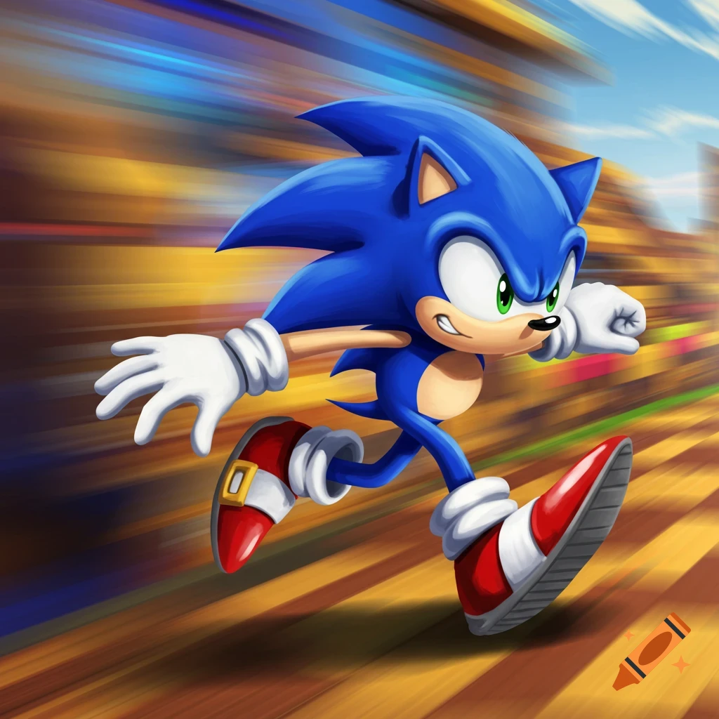 Sonic the Hedgehog running fast with a motion blur background.