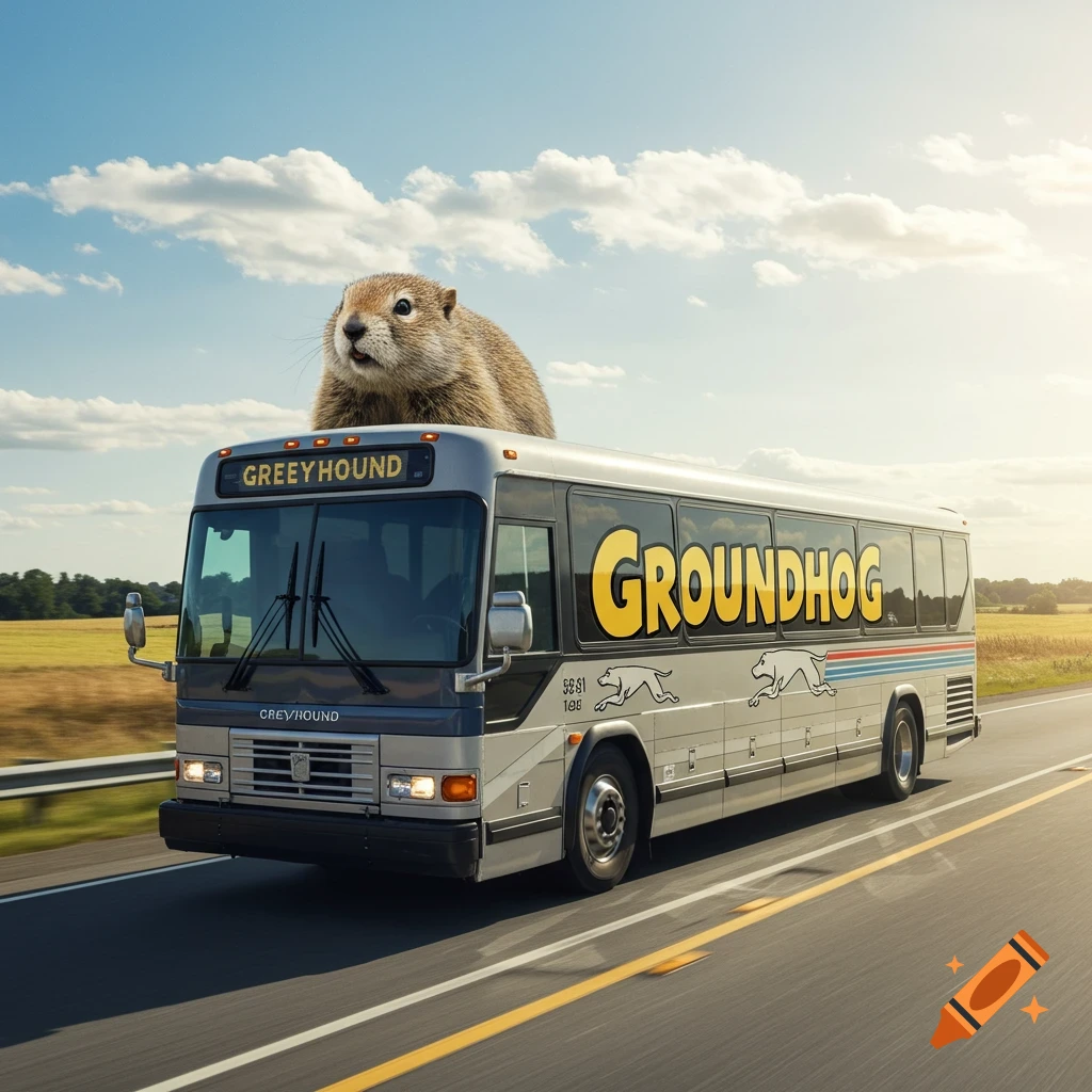 Photorealistic image of a groundhog riding on top of a bus labeled 'GROUNDHOG' on a highway.