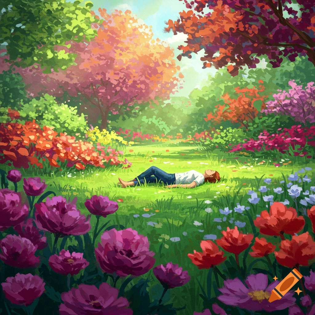 A person is lying peacefully in a vibrant, sunlit flower garden