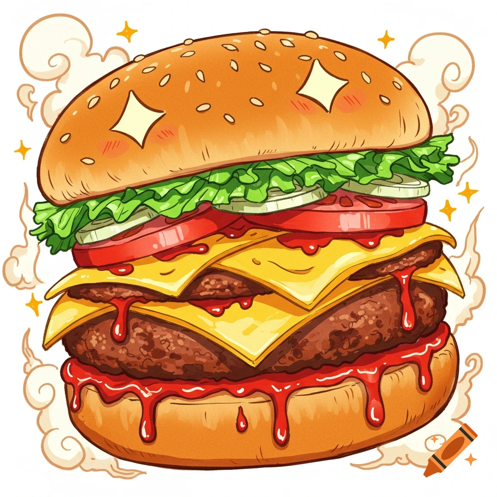Anime illustration of a juicy double cheeseburger with lettuce, tomato, onion, and dripping sauce.