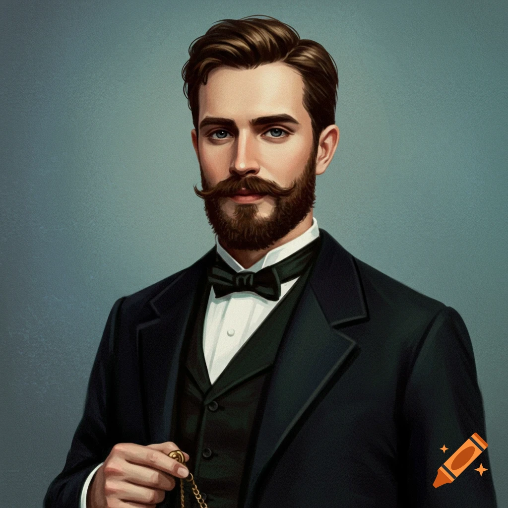 Portrait of a 19th century man with mustache and beard, wearing a black suit, holding a pocket watch.