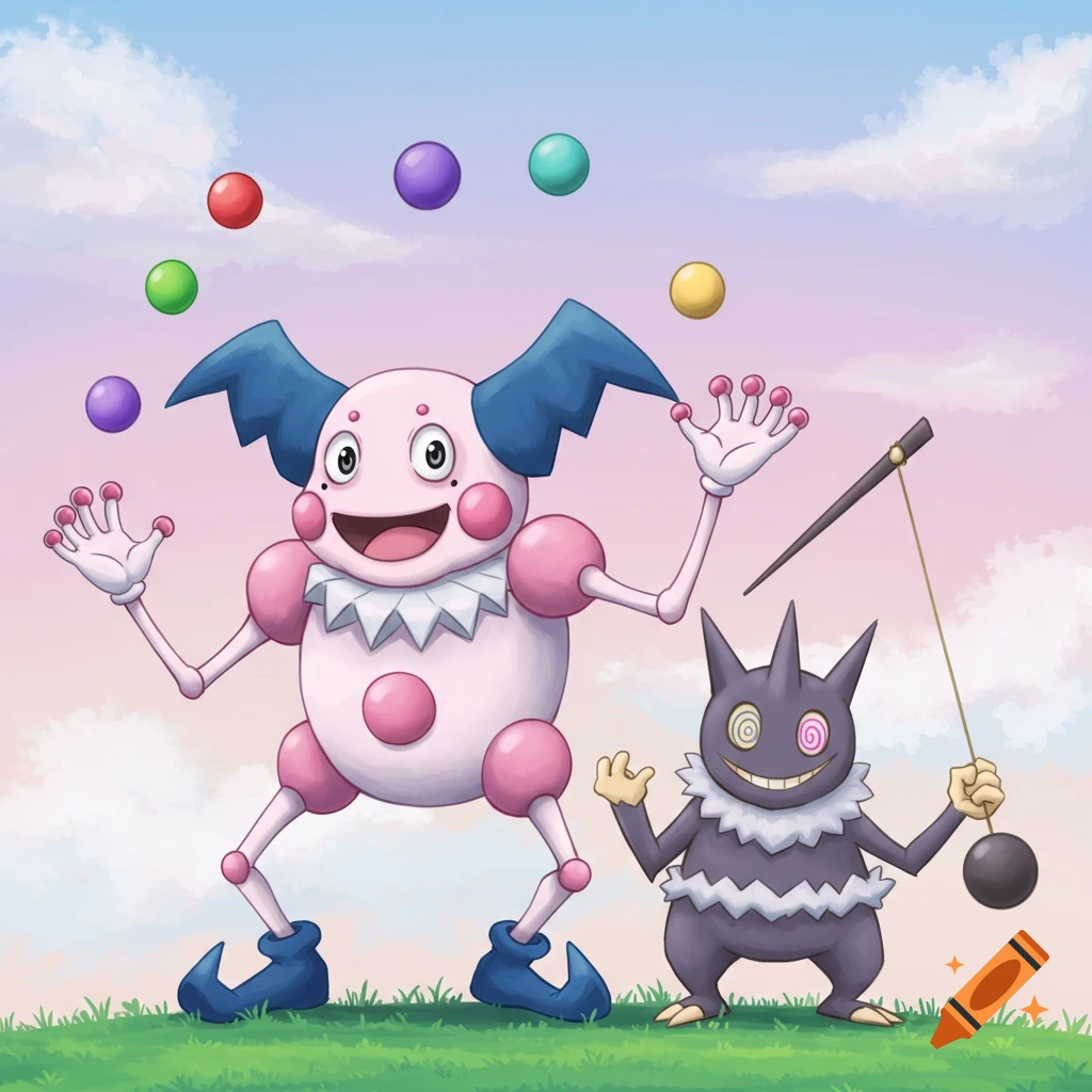 Mr. Mime juggles colorful balls while Hypno holds a pendulum.