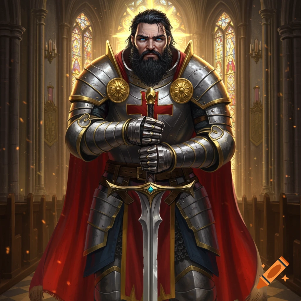 Image of a bearded paladin warrior holding a sword in a church.