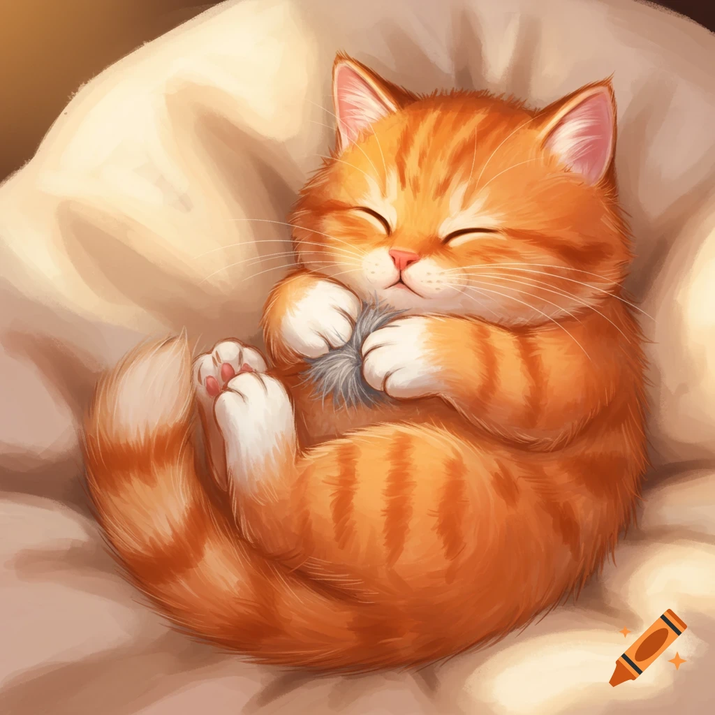 A cute orange tabby cat is curled up sleeping with a grey toy.