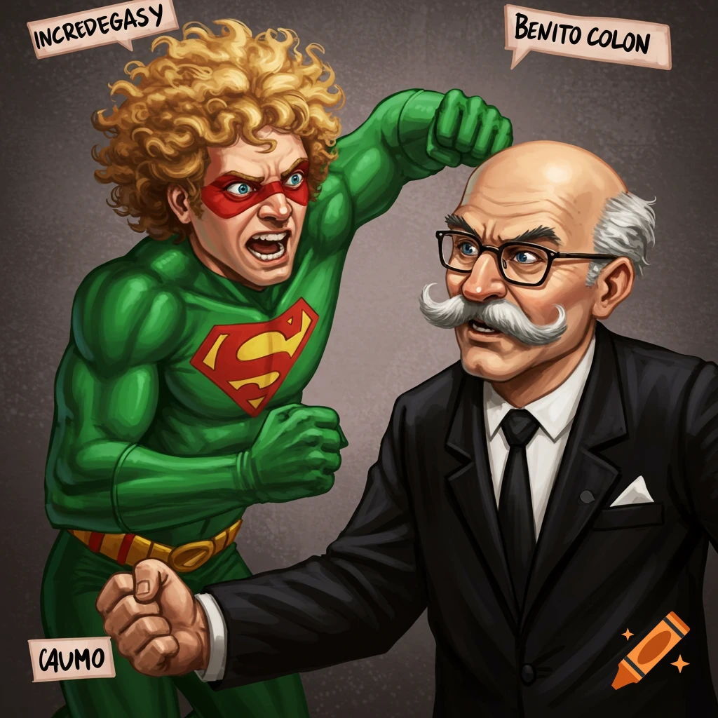 A curly-haired superhero in green fights a bald man in a black suit.