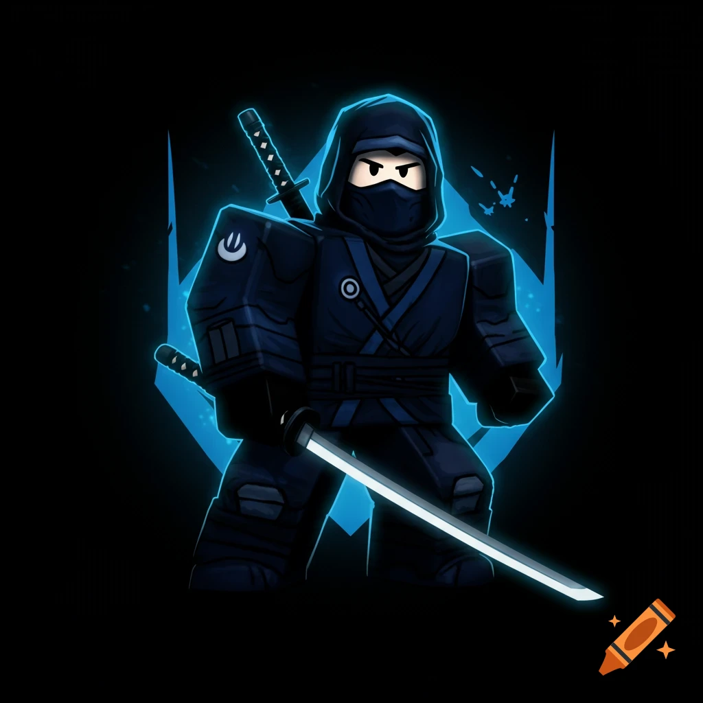 A stylized blue ninja character holding a sword against a dark background with blue highlights.