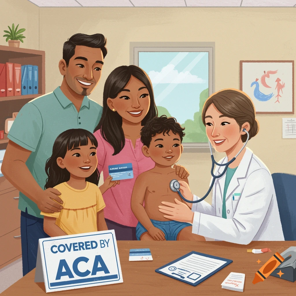 An illustration of a smiling family and a doctor in a medical office with a 'Covered by ACA' sign.