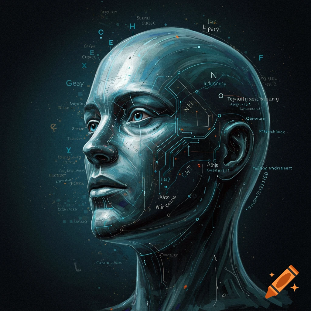 A metallic head with blue glowing circuits and abstract symbols.
