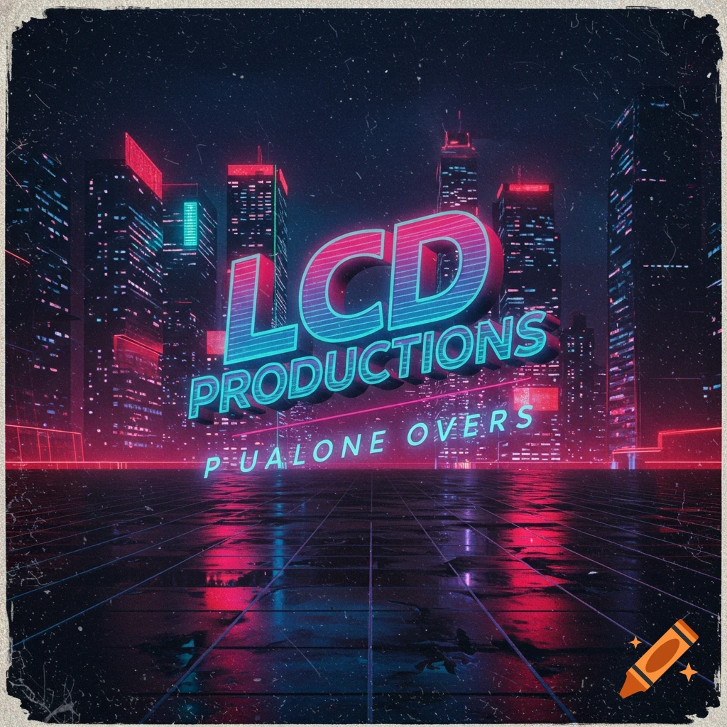 A synthwave image of a neon city skyline with text 'LCD PRODUCTIONS' and 'P UALONE OVERS'.