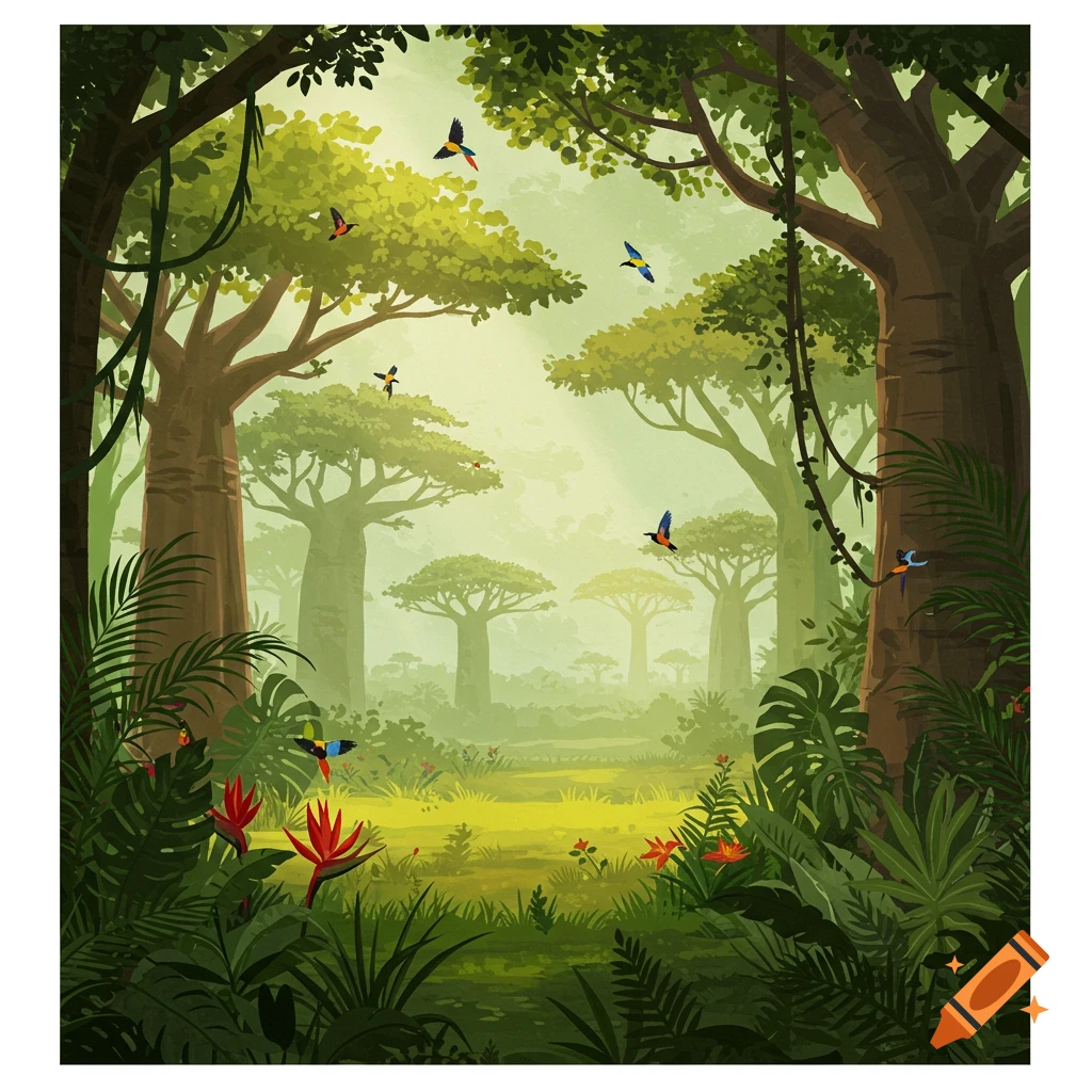 A vibrant scene of an African jungle with large trees, lush foliage, and colorful birds.