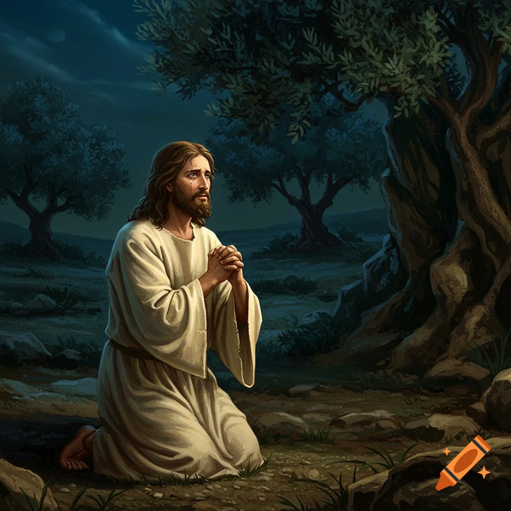 Jesus kneeling and praying in a dark garden.