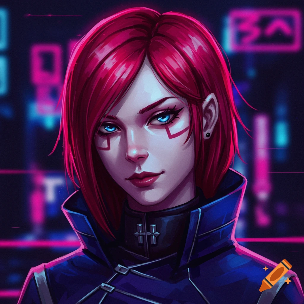A woman with short red hair, blue eyes, and facial markings, wearing a dark blue high-collar jacket, against a neon-lit background.