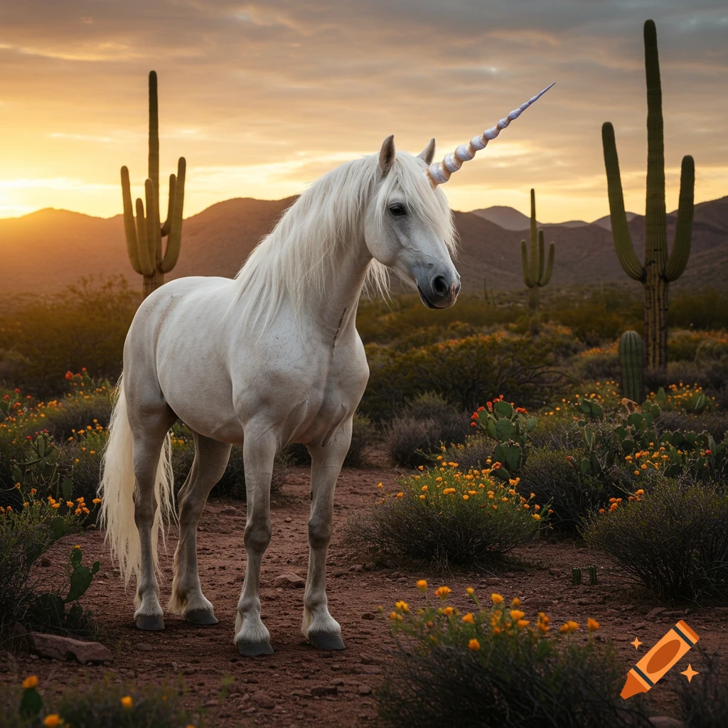 White unicorn stands in a desert landscape with cactuses and flowers at sunset. Photorealistic.