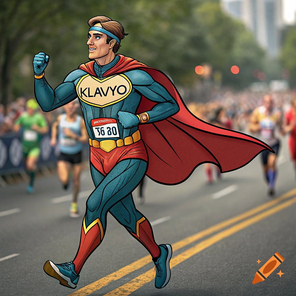 A stylized superhero character with 'KLAVYO' on their chest runs in a marathon race, wearing a red cape and blue and red costume.