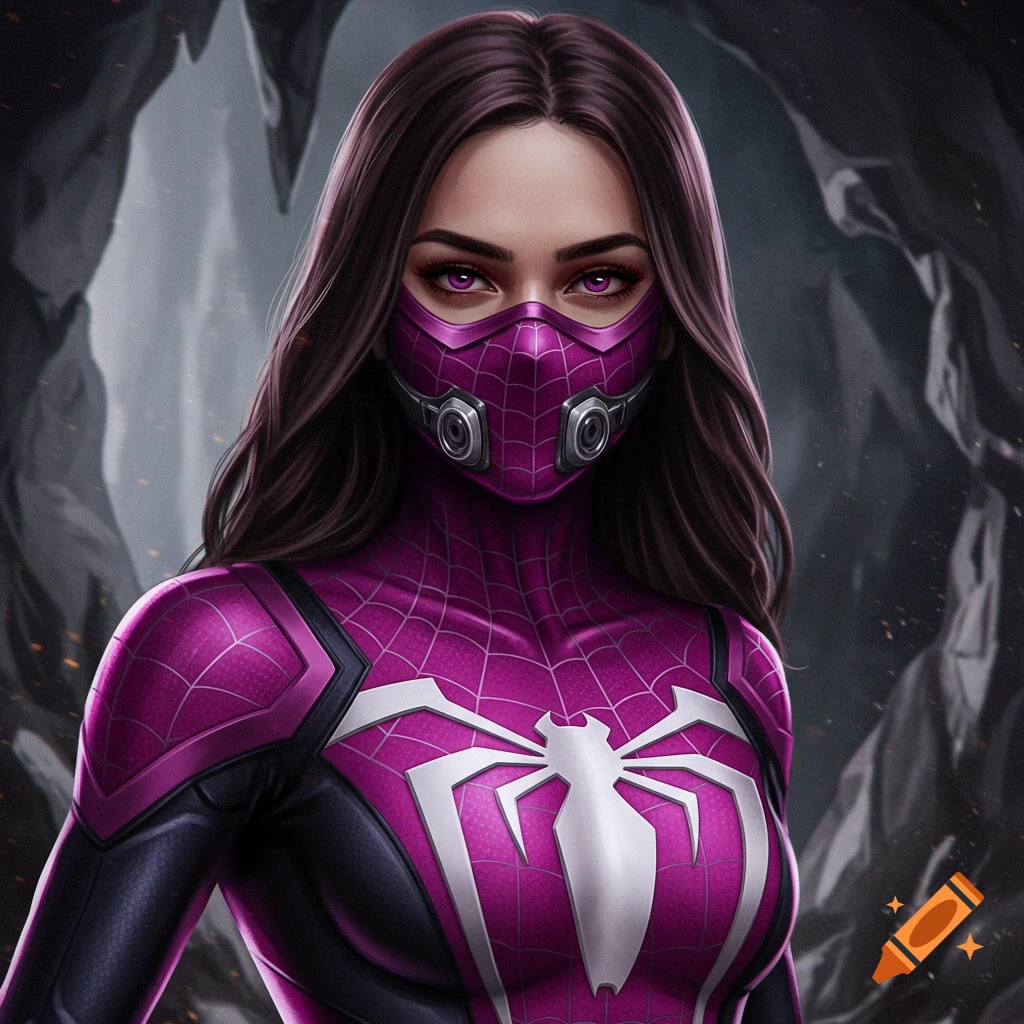 A female superhero in a purple and black spider suit and mask, standing in a rocky cave.
