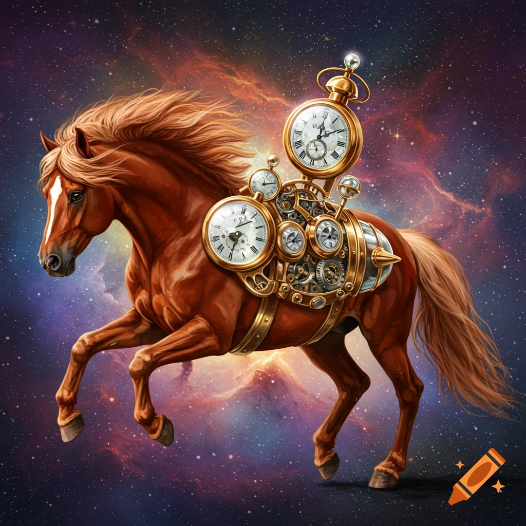 A brown horse with a golden steampunk time machine contraption on its back stands in a cosmic space background.