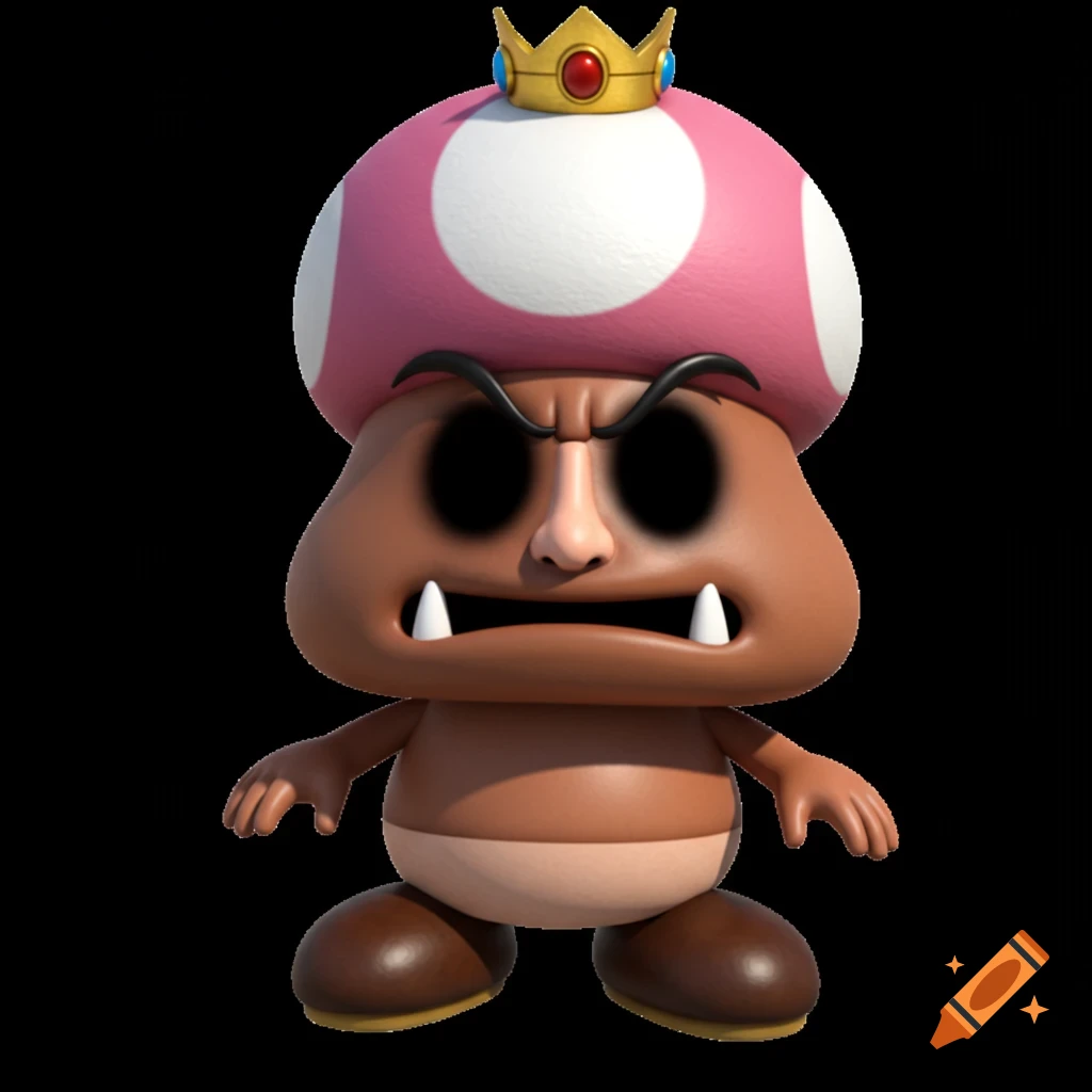 A creepy Goomba-like creature with a pink mushroom head, Peach's crown, realistic nose, hands, and feet, and black eyes on a black background.