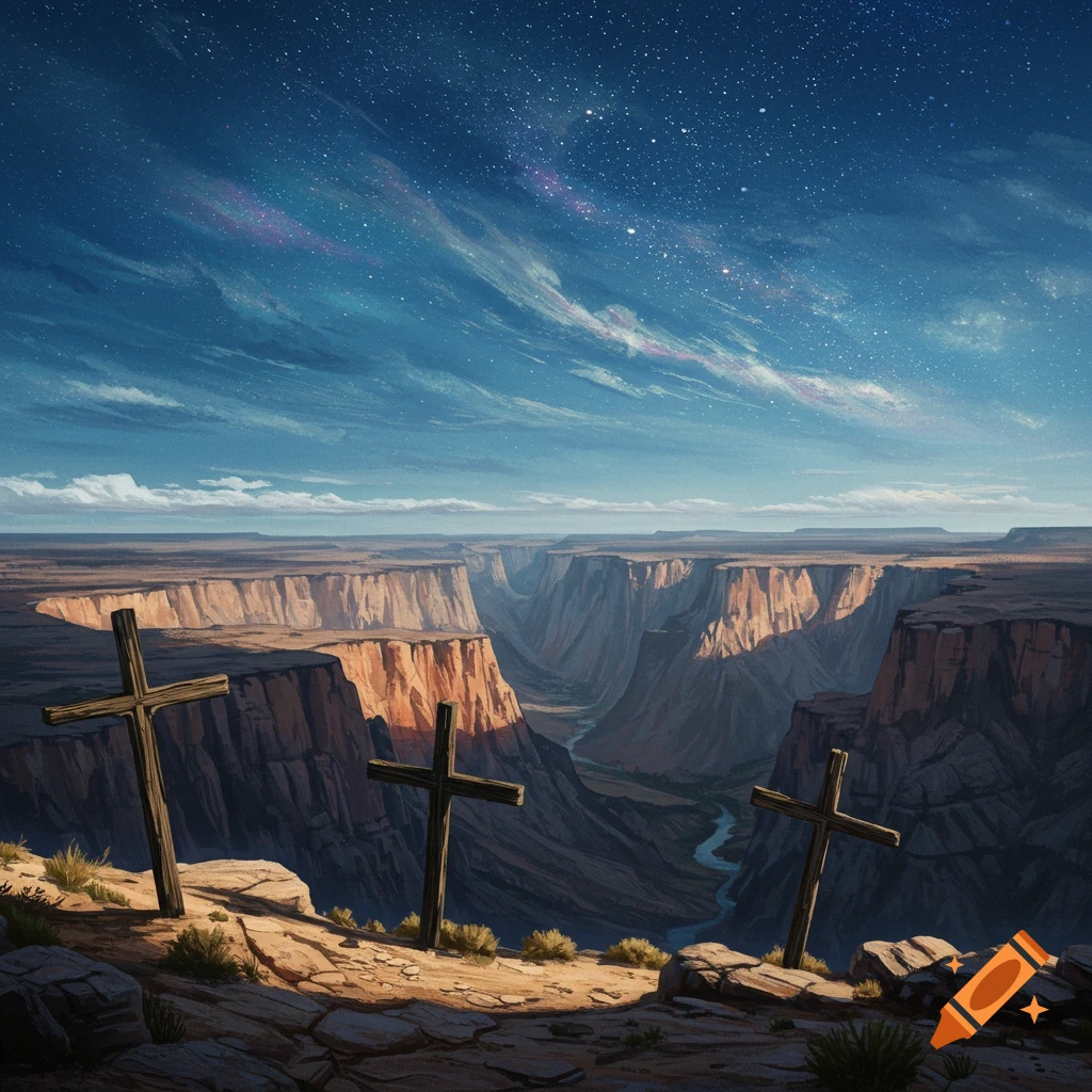 Three crosses stand on a cliff overlooking a grand canyon under a starry night sky.