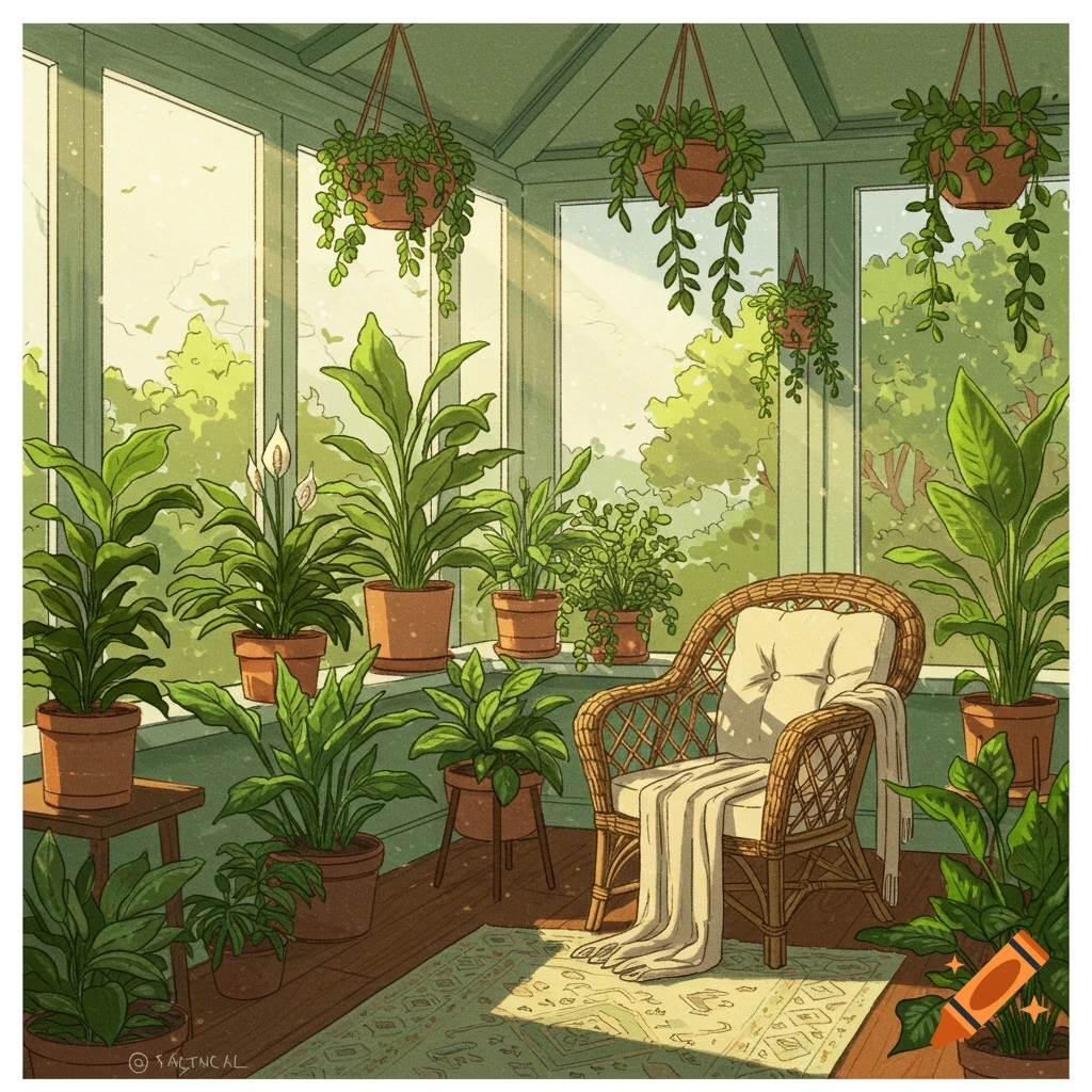 Lofi drawing of a sunroom filled with potted plants and a rattan chair.