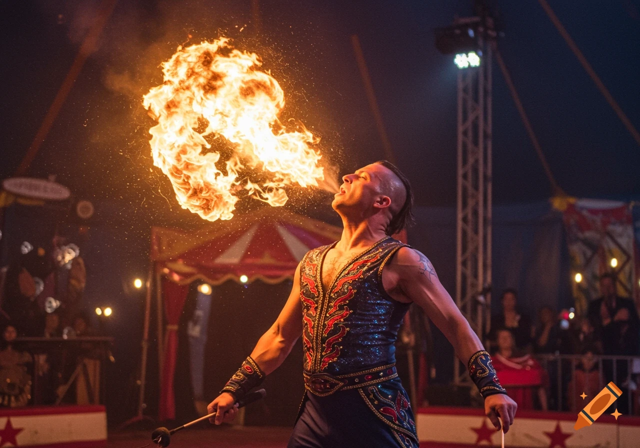 A fire breather performs in a circus tent, exhaling a large flame.
