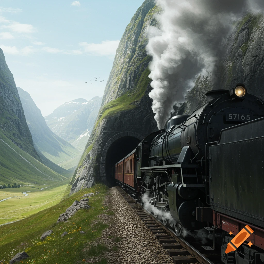 A steam train enters a tunnel in a green mountainous valley.