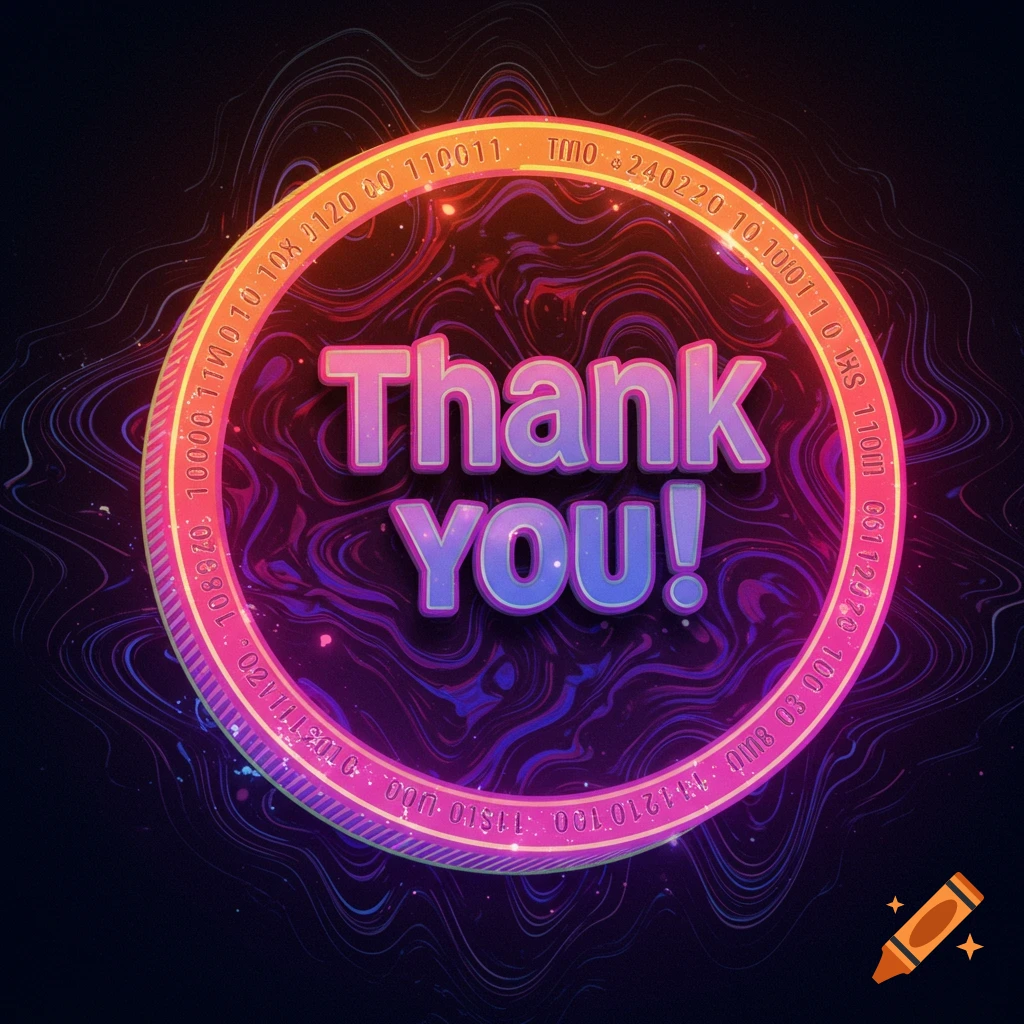 Vibrant digital art saying Thank You! surrounded by a ring with symbols on an abstract background.
