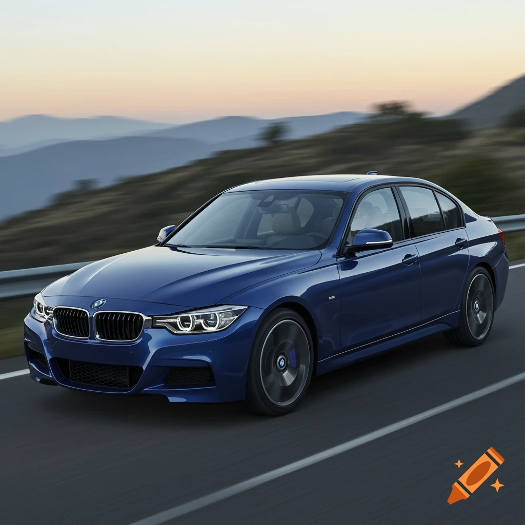A blue BMW sedan drives on a highway in a mountainous landscape at dusk.