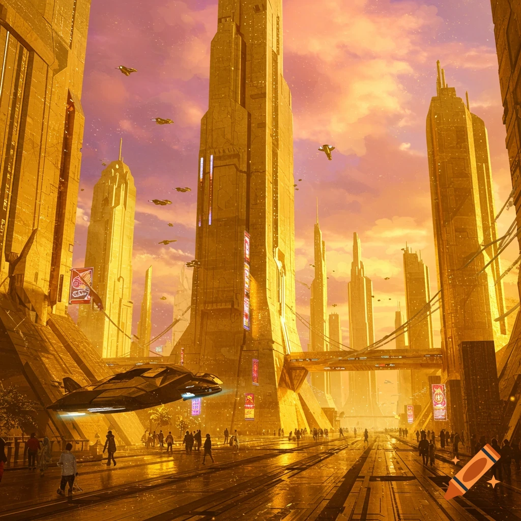 A golden futuristic city with tall buildings, flying vehicles, and people walking below.