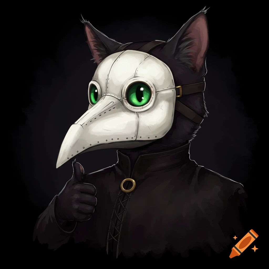 A cat wearing a plague doctor mask is giving a thumbs up.