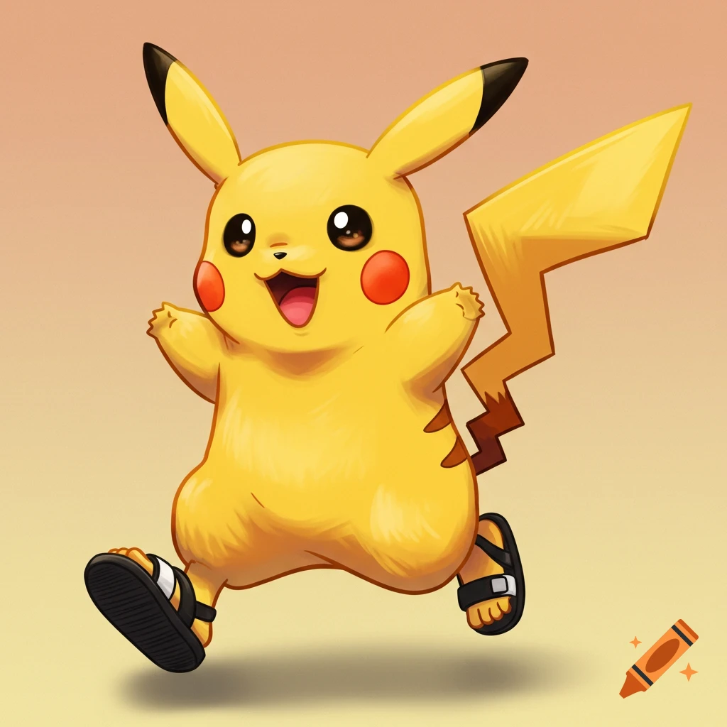 Pikachu running with human legs and sandals.