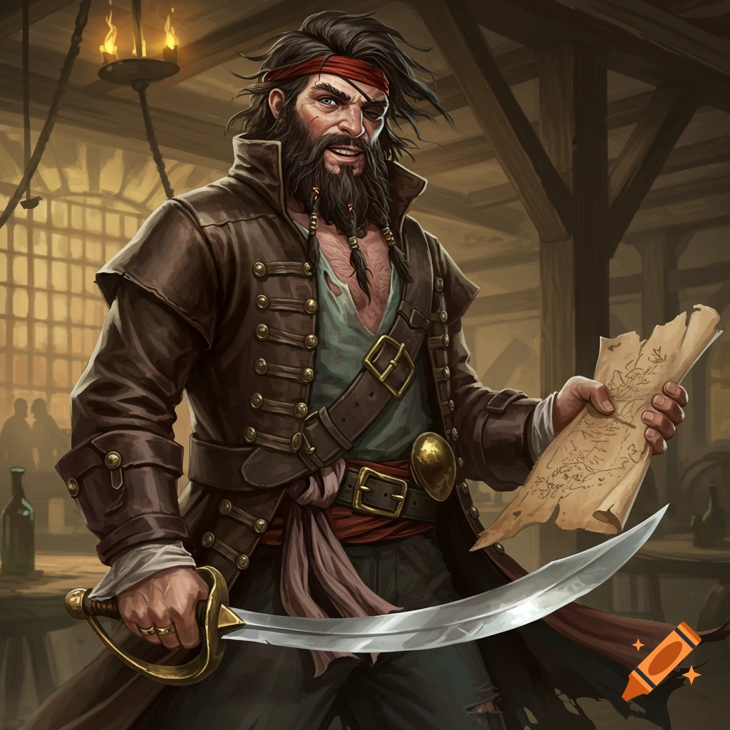 A pirate holds a treasure map and a cutlass.