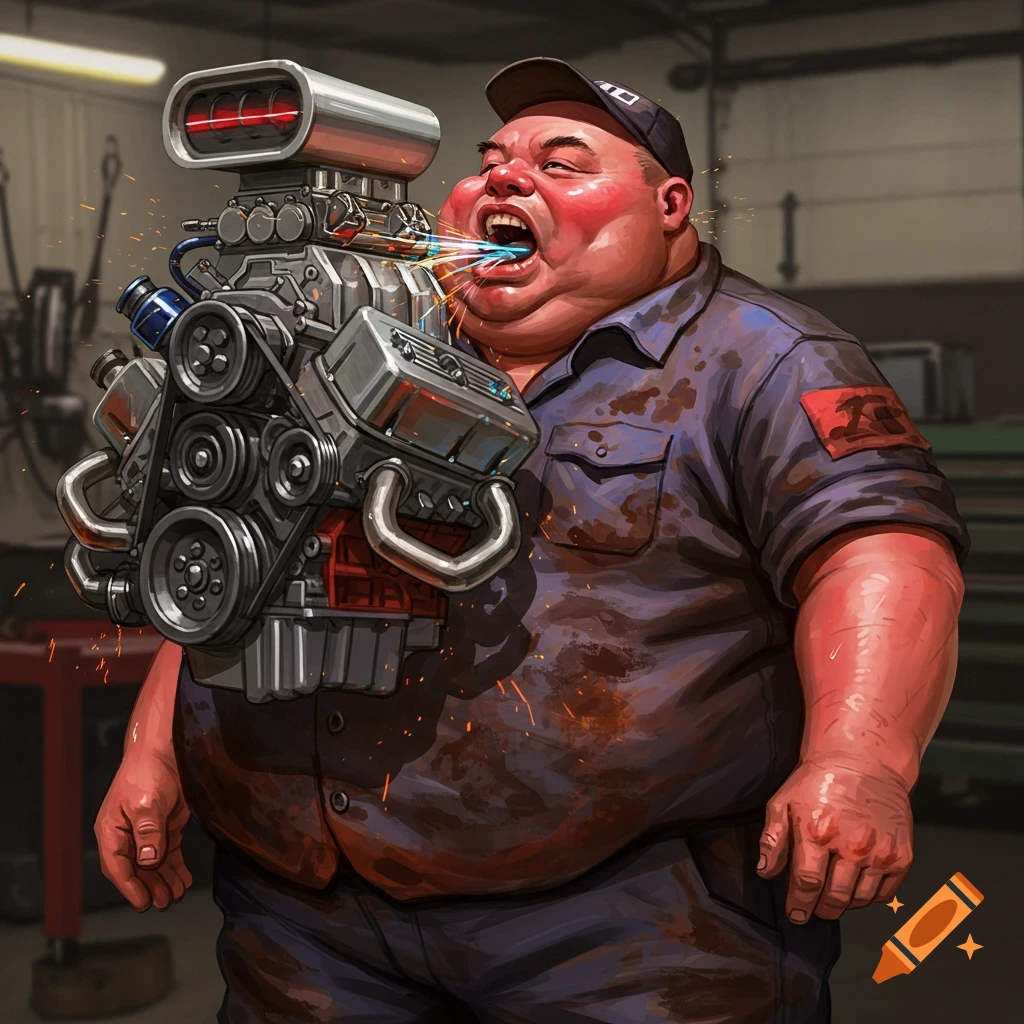 Obese mechanic eating a V8 engine with sparks flying, digital art.