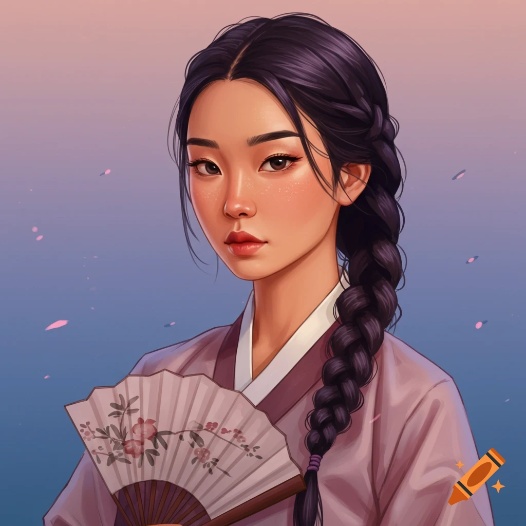 A portrait of an Asian woman with a braided ponytail holding a fan.