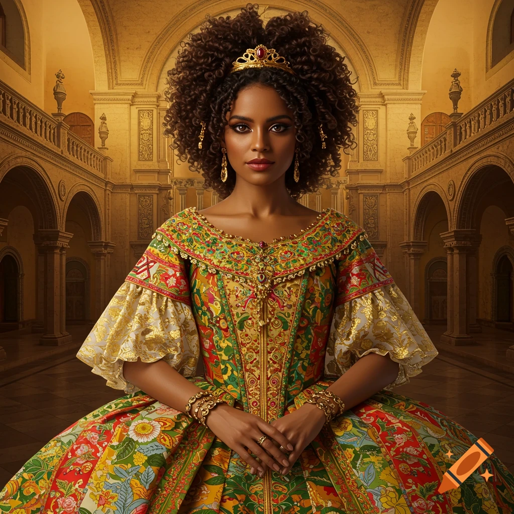 A woman with curly hair and a crown in an elaborate historical gown stands in a grand hall.
