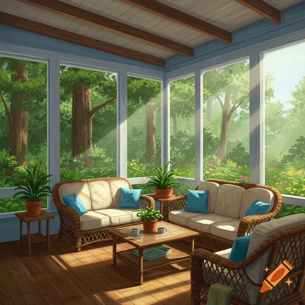 A sunroom with rattan furniture and plants overlooking a sunlit forest.