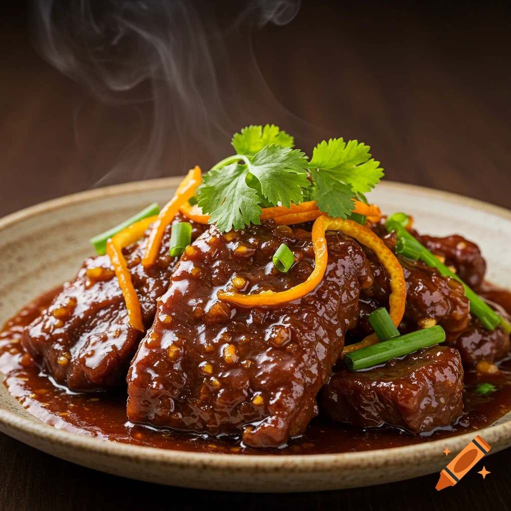 Close-up photo of steaming orange peel beef on a plate, garnished with green onions and orange peels.