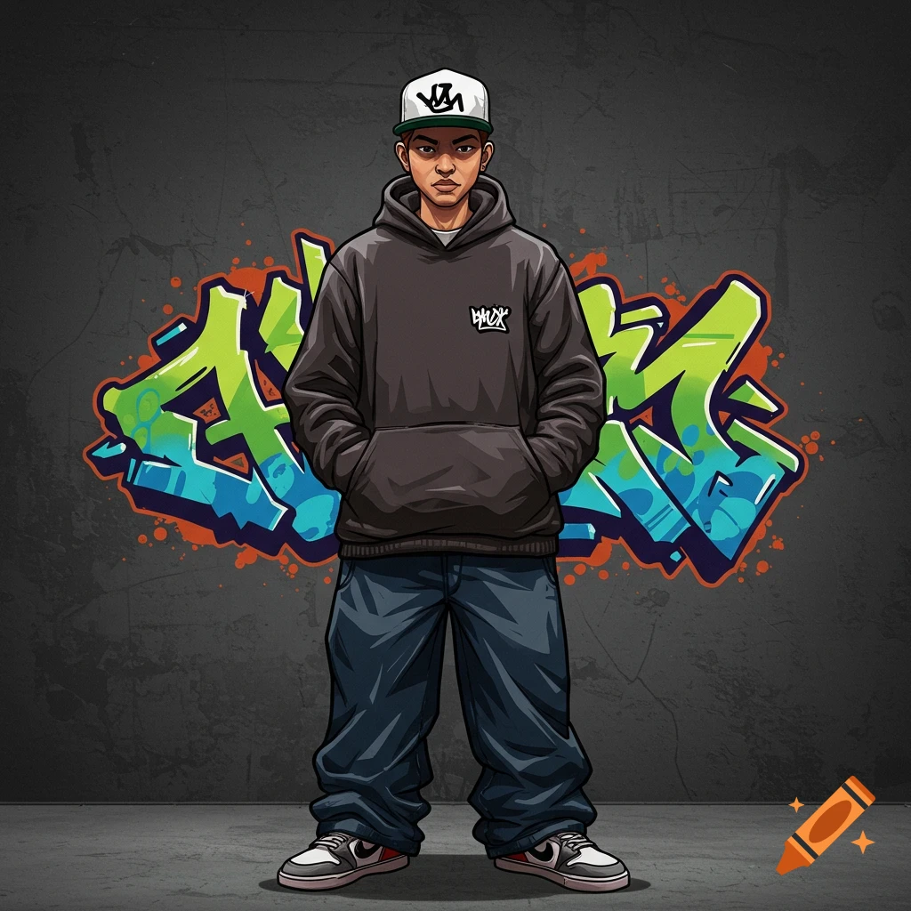 A person in a hoodie and baseball cap stands in front of colorful graffiti.