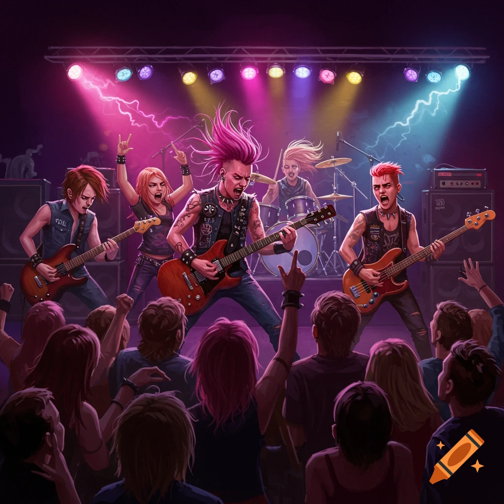 A rock band playing on stage with colorful lights and a crowd.