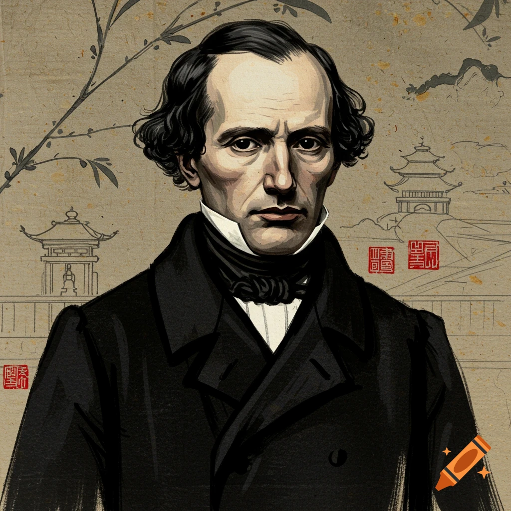 A portrait of Charles Baudelaire in a black suit against an Asian-style background with temples, branches, and red seals.